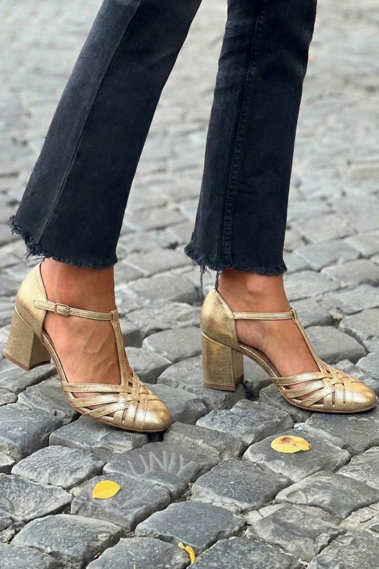 Chic Champagne Gold Metallic T-Strap Woven Block Heels [Pre Order]