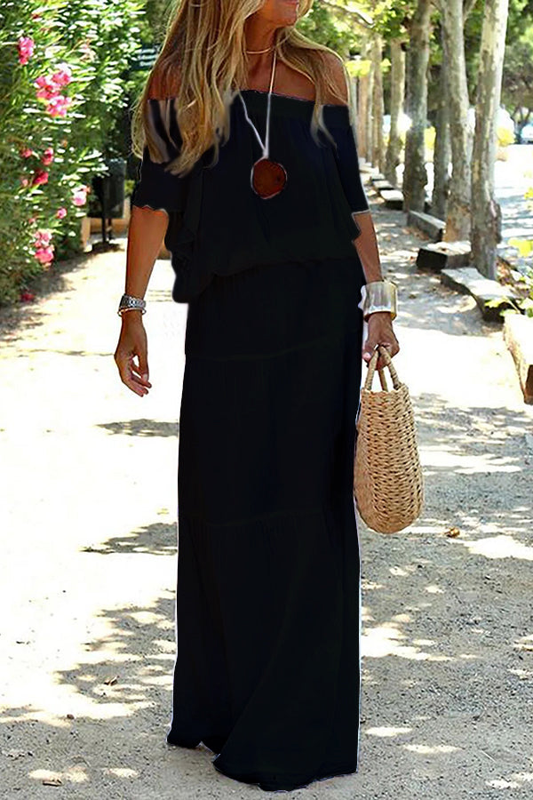 Casual Off Shoulder Ruffle Tiered Beach Maxi Dress