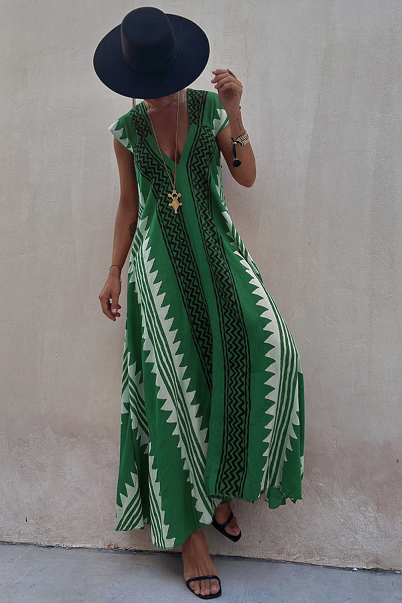 Ethnic Print V-Neck Cap Sleeve A-line Maxi Dress