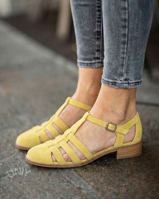 Yellow Faux Suede Strappy Closed Toe Block Heel Sandals [Pre Order]
