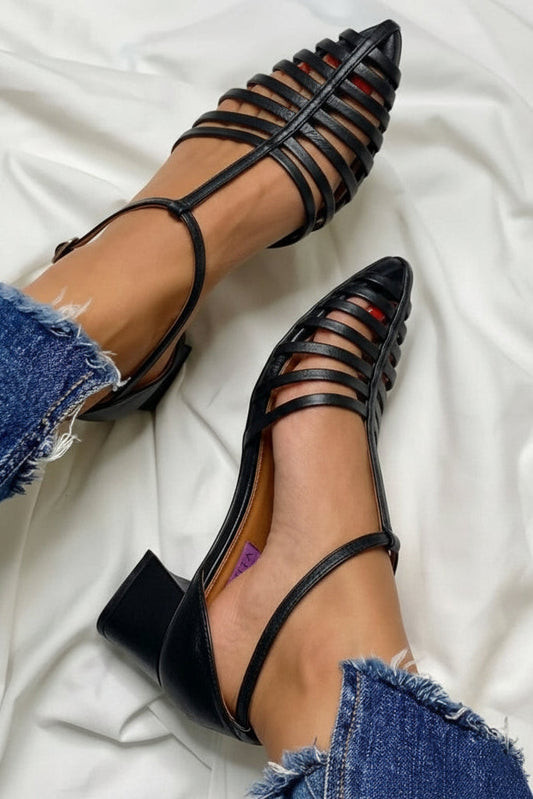 Black Pointed Toe T-Strap Caged Block Heel Sandals [Pre Order]