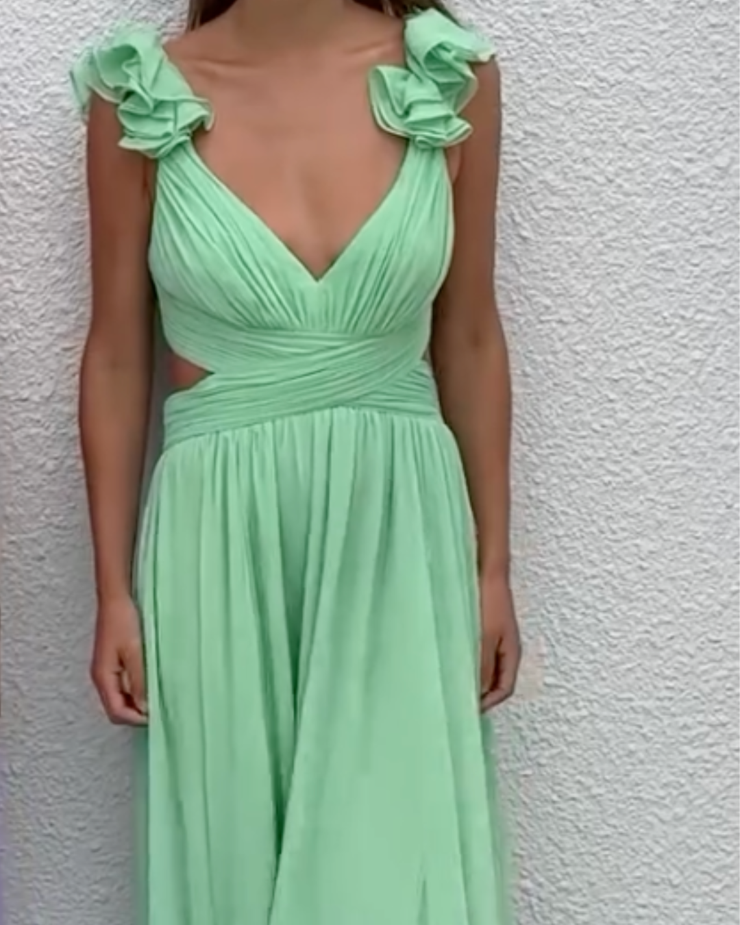 Ruffle Shoulder V-Neck Cut-Out Pleated Maxi Dress
