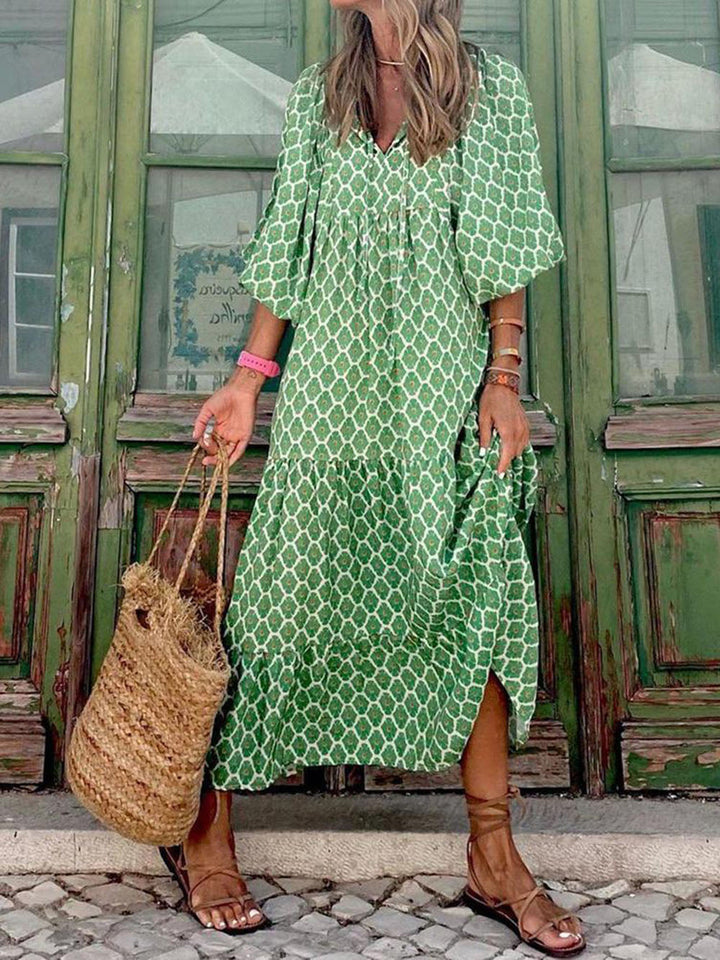 V-Neck Floral Print Lantern Sleeve Tiered Maxi Dress