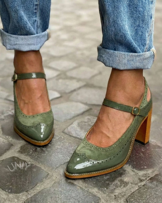 Retro Green Patent Suede Pointed Toe Block Heel Pumps