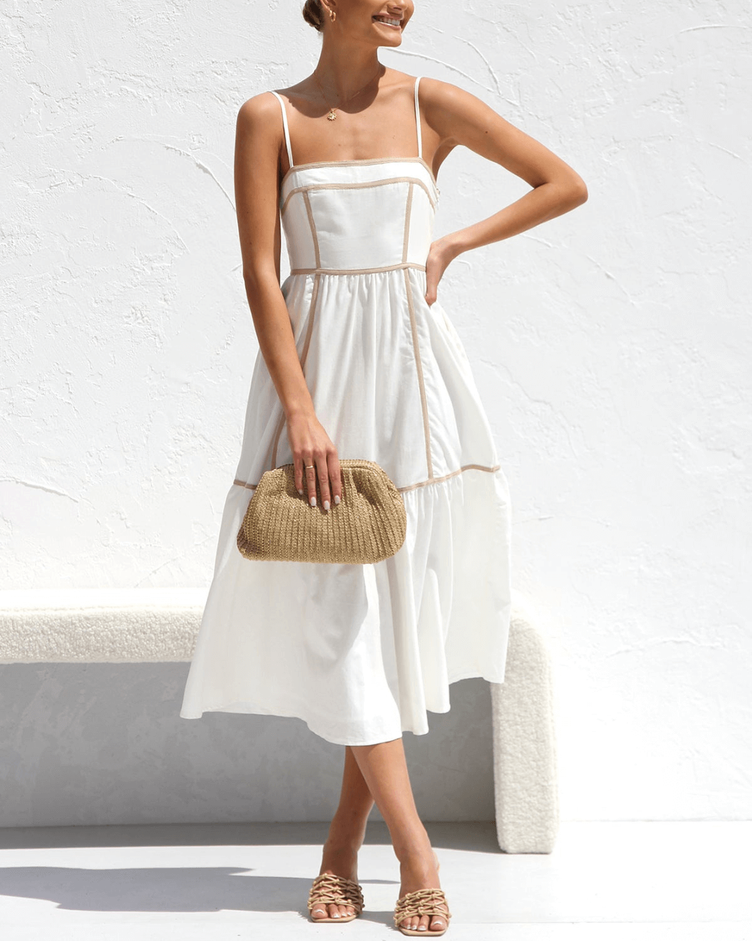 Square Neckline Trimming Midi Dress