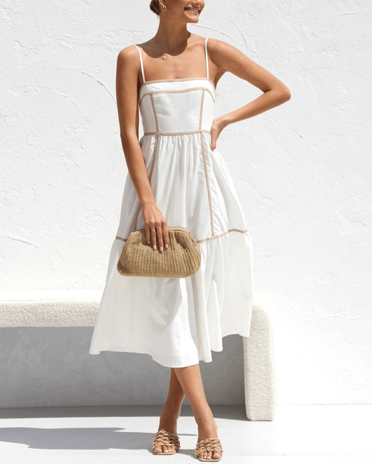Square Neckline Trimming Midi Dress