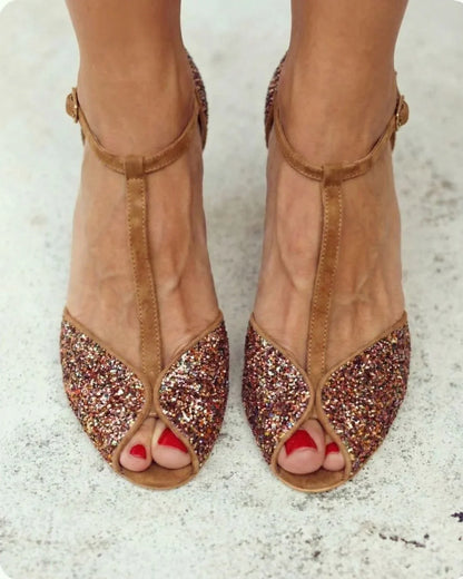 Faux Suede T-Strap Peep Toe Mid Heel Sandals