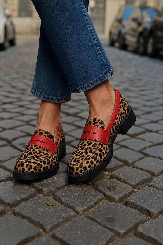 Trendy Leopard Print Red Strap Round Toe Loafers