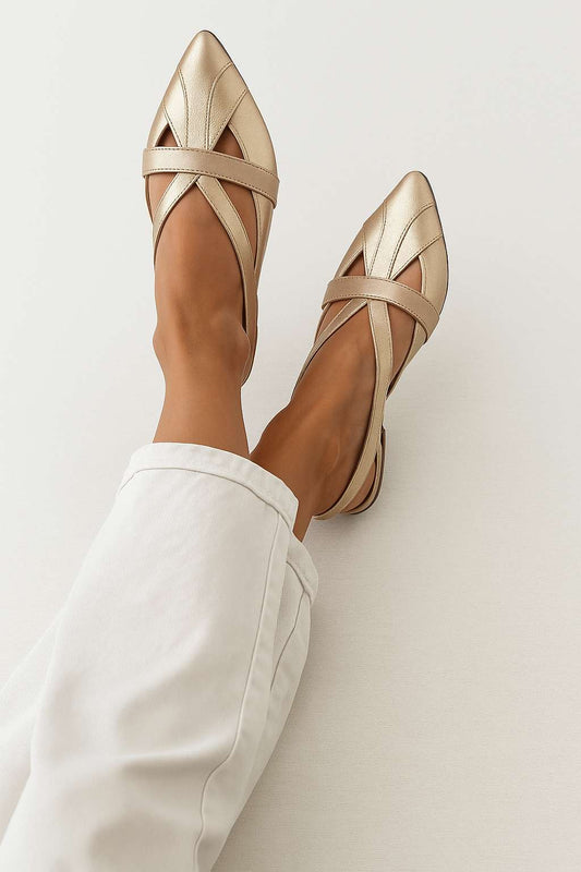 Stylish Metallic Cross Strap Pointed Toe Casual Flats [Pre Order]