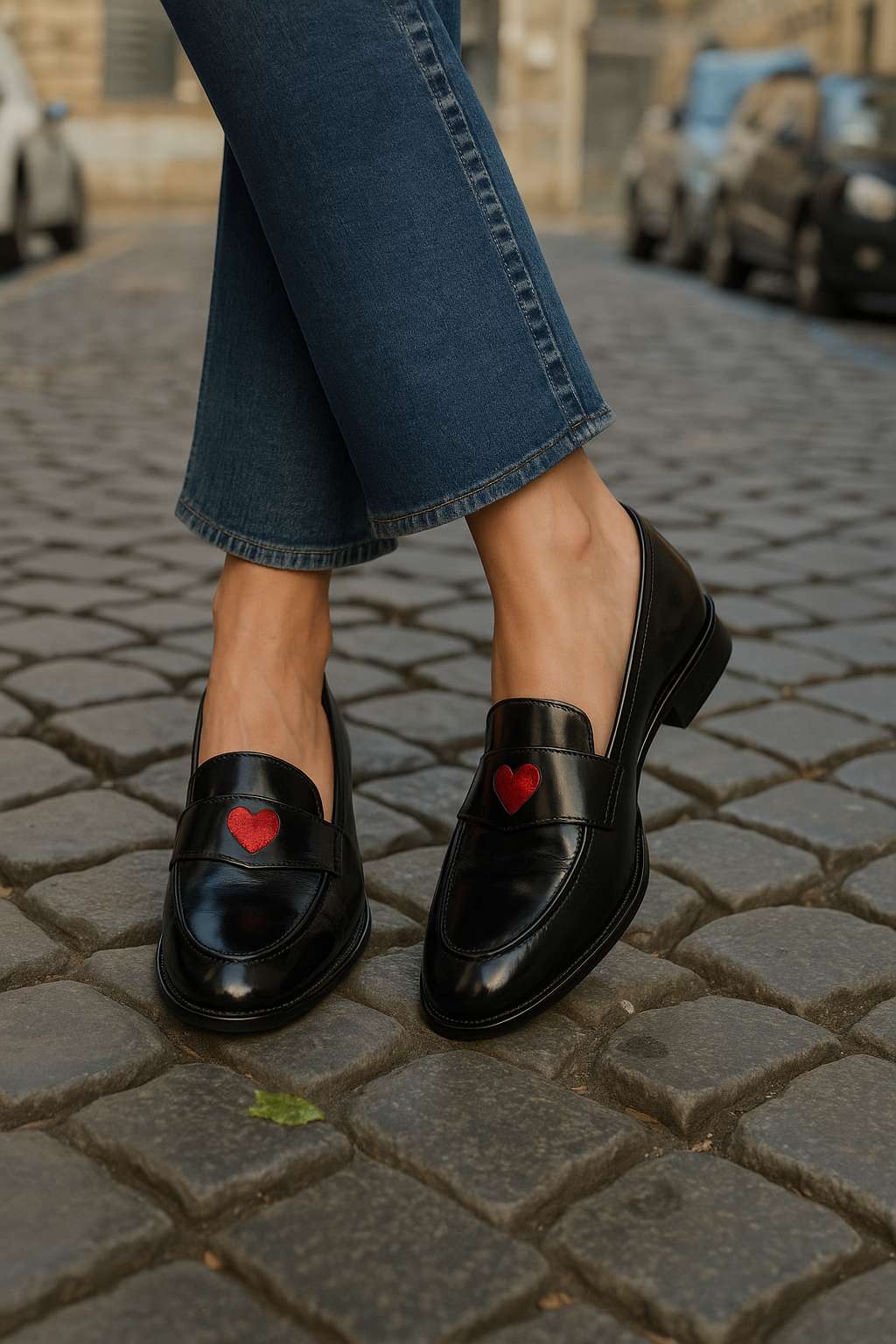 Patent Leather Heart Detail Classic Round Toe Loafers