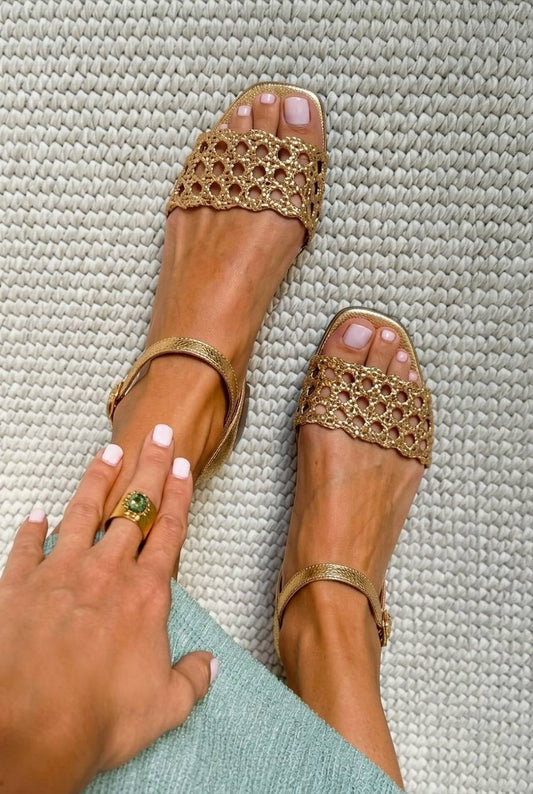 Metallic Woven Square Toe Flat Sandals
