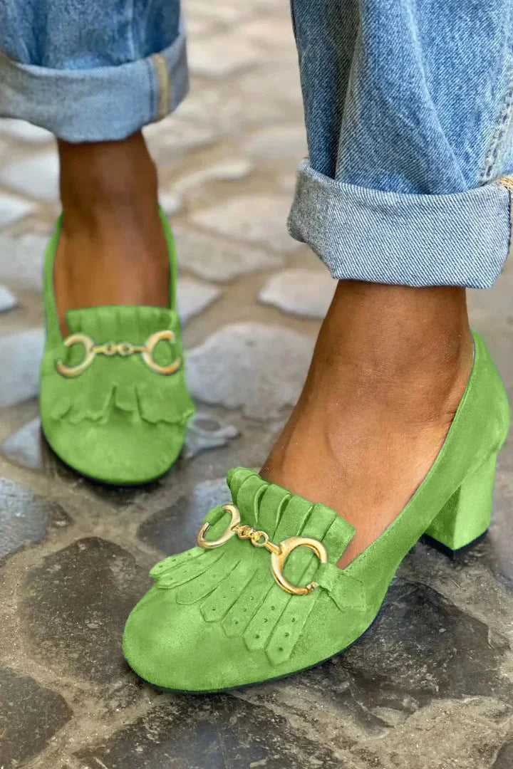 Fringed Metal Hardware Round Toe Block Heel Loafers