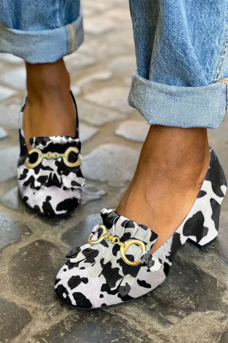 Fringed Metal Hardware Round Toe Block Heel Loafers