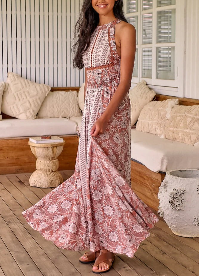 Halter Neck Smocked Waist Printed Maxi Dress