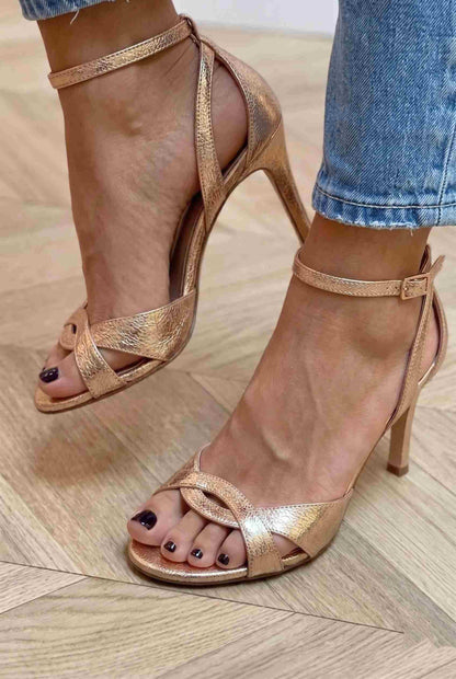 Metallic Peep Toe Strappy Rose Gold Stiletto Heels [Pre Order]
