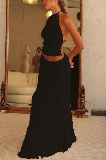 Pleated Halter Neck Crop Top Tiered Maxi Skirt Set