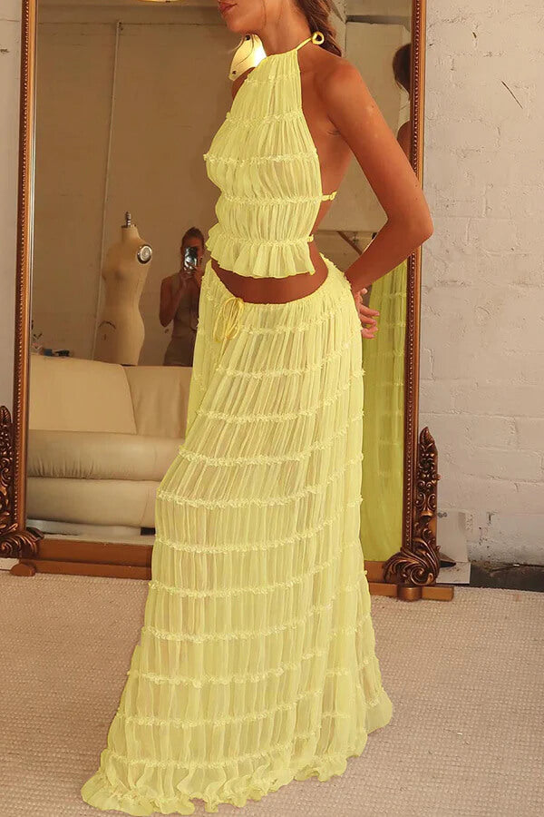 Pleated Halter Neck Crop Top Tiered Maxi Skirt Set