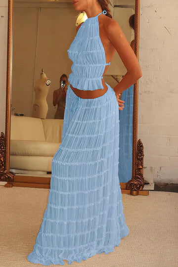 Pleated Halter Neck Crop Top Tiered Maxi Skirt Set