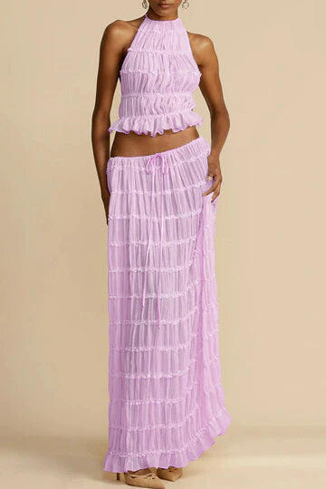 Pleated Halter Neck Crop Top Tiered Maxi Skirt Set