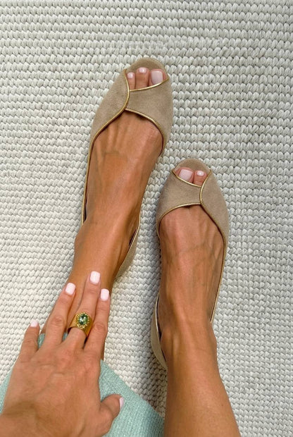 Suede Gold Trim Peep Toe D'Orsay Flats