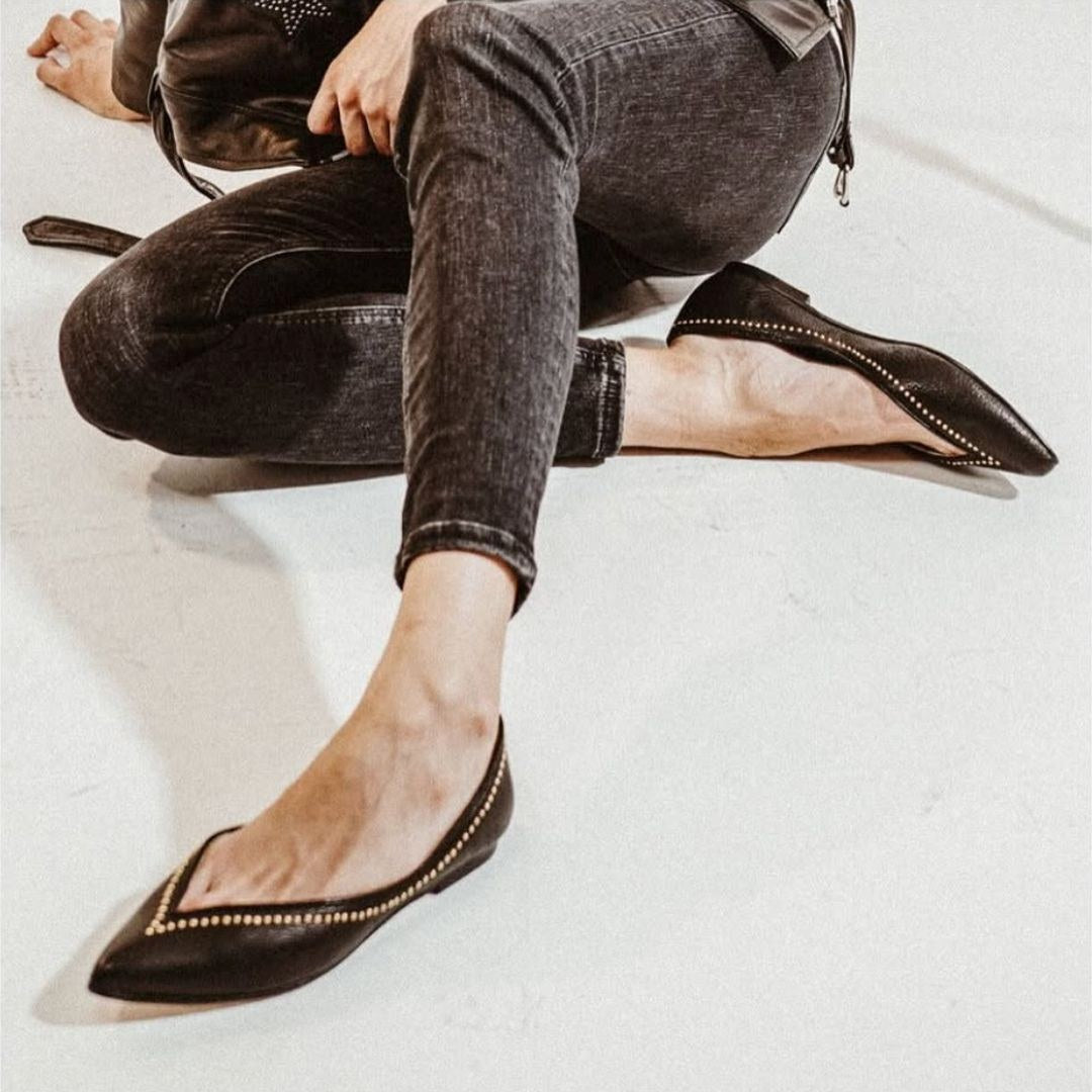 Black Versatile V-Cut Studded Pointed Toe Slip-On Flats [Pre Order]