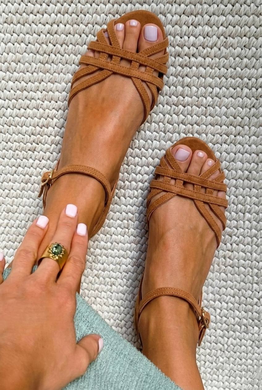 Suede Multi Strap Ankle Buckle Flat Sandals