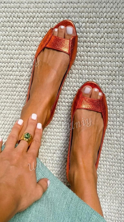 Metallic Textured Peep Toe Flats