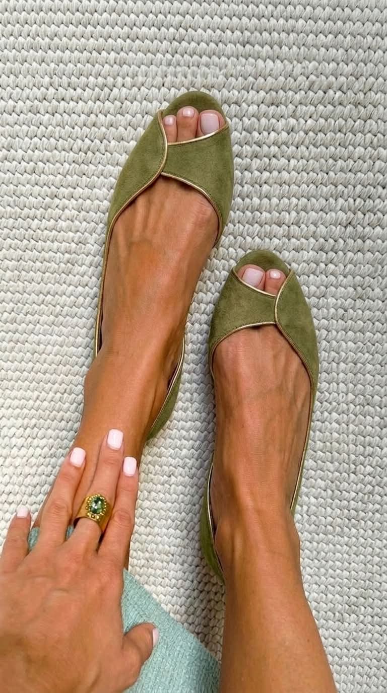 Suede Gold Trim Peep Toe D'Orsay Flats