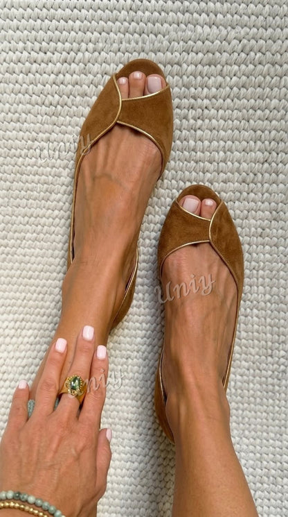 Suede Gold Trim Peep Toe D'Orsay Flats